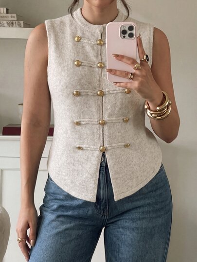 Firerie Chaleco de punto para mujer talla grande, nuevo estilo chino, con botones de rana y hebilla metálica, para capas, casual y elegante, top de otoño/invierno