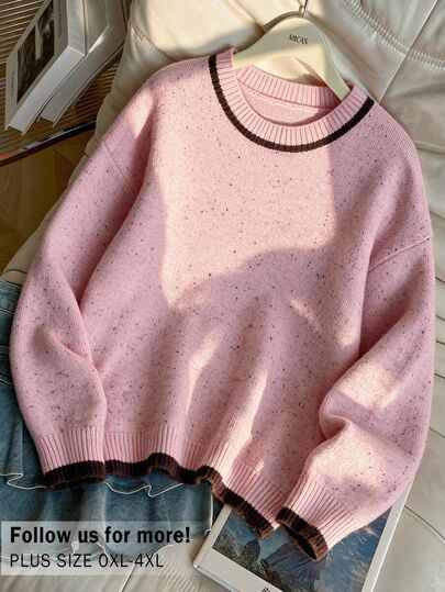 CosyJoli Suéter de manga larga estilo francés tradicional suave normal con bloques de color talla grande para citas escuela universidad rosa otoño invierno
