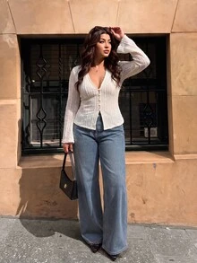 Elaquor Plus Size Elegant Commuter Solid Color Jacquard Shirt Fall/Winter Casual Daily Going Out Blouse For Women Casual Office Business Blouse For Women - White - View 1