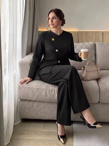 Firerie Plus Size Jacket And Pants Suit Set Teachers' Day Office Business Evening Formal Casual Black Fall Elegant - Black - View 7