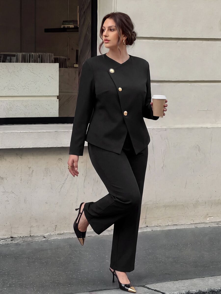 Firerie Plus Size Jacket And Pants Suit Set Teachers' Day Office Business Evening Formal Casual Black Fall Elegant