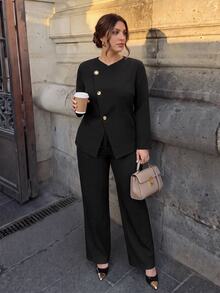 Firerie Plus Size Jacket And Pants Suit Set Teachers' Day Office Business Evening Formal Casual Black Fall Elegant - Black - View 5