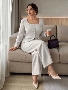 Firerie Plus Size Women Solid Color Long Sleeve Jacket And Pants Casual Daily Office Formal Suit Set Elegant Going Out Autumn White - Apricot - View 5