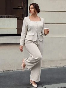 Firerie Plus Size Women Solid Color Long Sleeve Jacket And Pants Casual Daily Office Formal Suit Set Elegant Going Out Autumn White - Apricot - View 4
