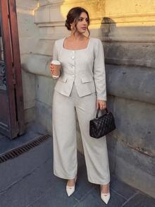 Firerie Plus Size Women Solid Color Long Sleeve Jacket And Pants Casual Daily Office Formal Suit Set Elegant Going Out Autumn White - Apricot - View 2