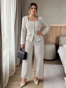 Firerie Plus Size Women Solid Color Long Sleeve Jacket And Pants Casual Daily Office Formal Suit Set Elegant Going Out Autumn White - Apricot - View 7
