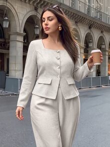 Firerie Plus Size Women Solid Color Long Sleeve Jacket And Pants Casual Daily Office Formal Suit Set Elegant Going Out Autumn White - Apricot - View 6
