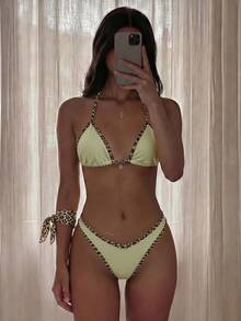 Swim Vcay 2pcs/Set Women Halter Neck & Metal Decor Random Print Sexy Bikini Set, Summer - Multicolor - View 3