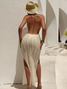 SHEIN Swim 女士波西米亞風格露背束頸海灘遮罩連衣裙,適用於夏季、度假、旅遊、節日、游泳池 - 杏色 - 查看 6