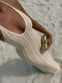 SHEIN Swim 女士波西米亞風格露背束頸海灘遮罩連衣裙,適用於夏季、度假、旅遊、節日、游泳池 - 杏色 - 查看 5