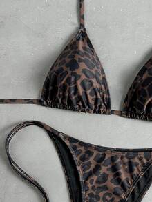 SHEIN Swim 女款兩件式比基尼套裝，熱帶可愛多色性感豹紋掛脖三角杯，附可愛側綁帶，熱銷海灘度假休閒優雅情人節派對比基尼套裝穿搭，度假優雅海灘裝 - 彩色 - 查看 4