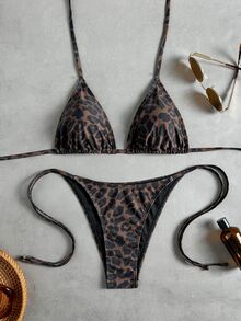 SHEIN Swim 女款兩件式比基尼套裝，熱帶可愛多色性感豹紋掛脖三角杯，附可愛側綁帶，熱銷海灘度假休閒優雅情人節派對比基尼套裝穿搭，度假優雅海灘裝 - 彩色 - 查看 2
