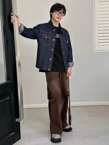 DAZY Jaket Denim Polos Pria, Musim Gugur - Navy Blue - View 3