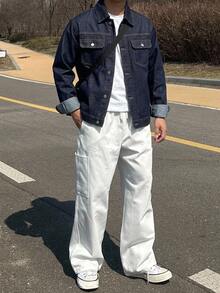 DAZY Jaket Denim Polos Pria, Musim Gugur - Navy Blue - View 4