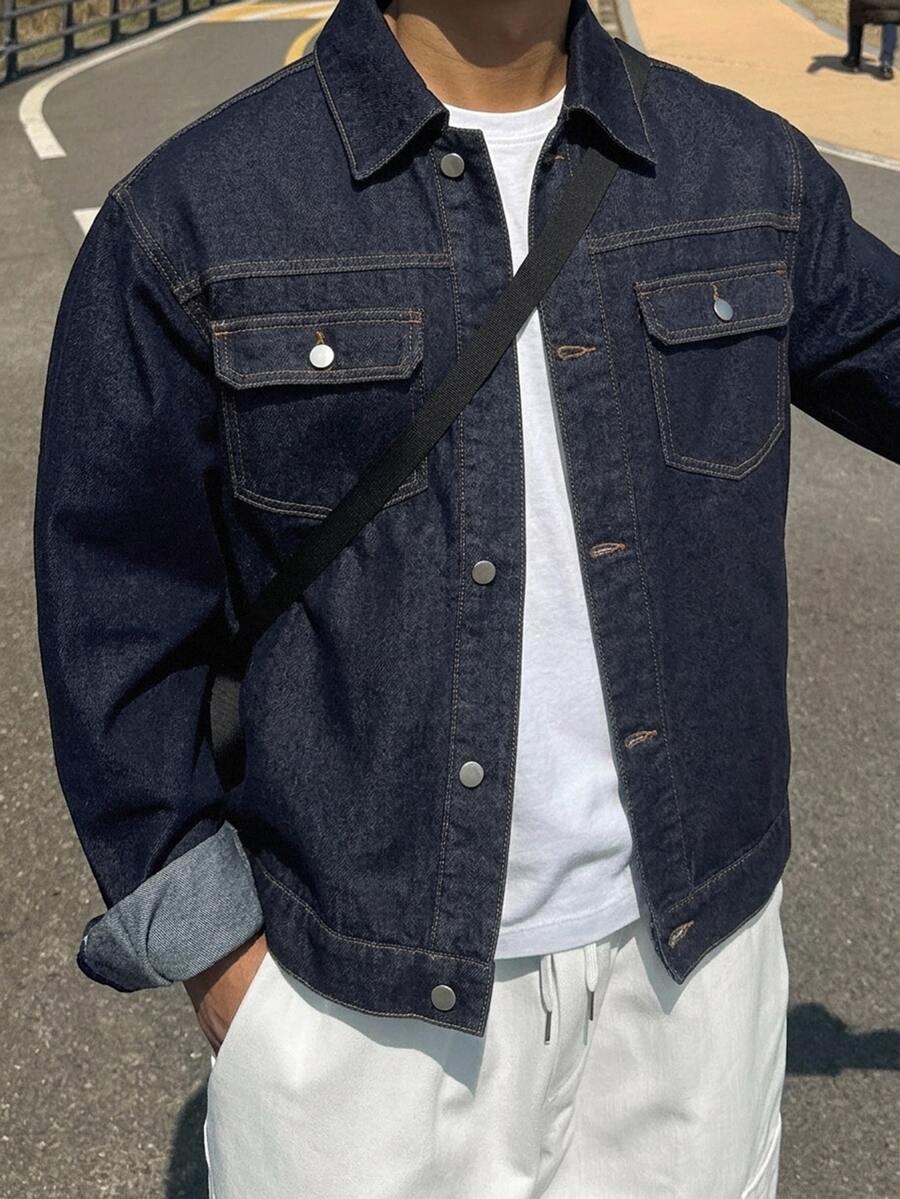 DAZY Jaket Denim Polos Pria, Musim Gugur - Navy Blue - View 1