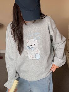 DAZY Women's Cute Cartoon Print Long Sleeve Sweatshirt Fall - Grey - View 4