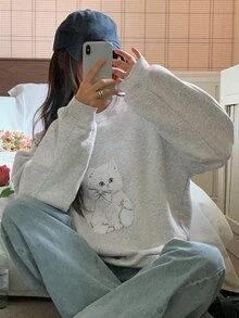 DAZY Women's Cute Cartoon Print Long Sleeve Sweatshirt Fall - Grey - View 3