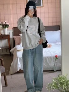DAZY Women's Cute Cartoon Print Long Sleeve Sweatshirt Fall - Grey - View 2