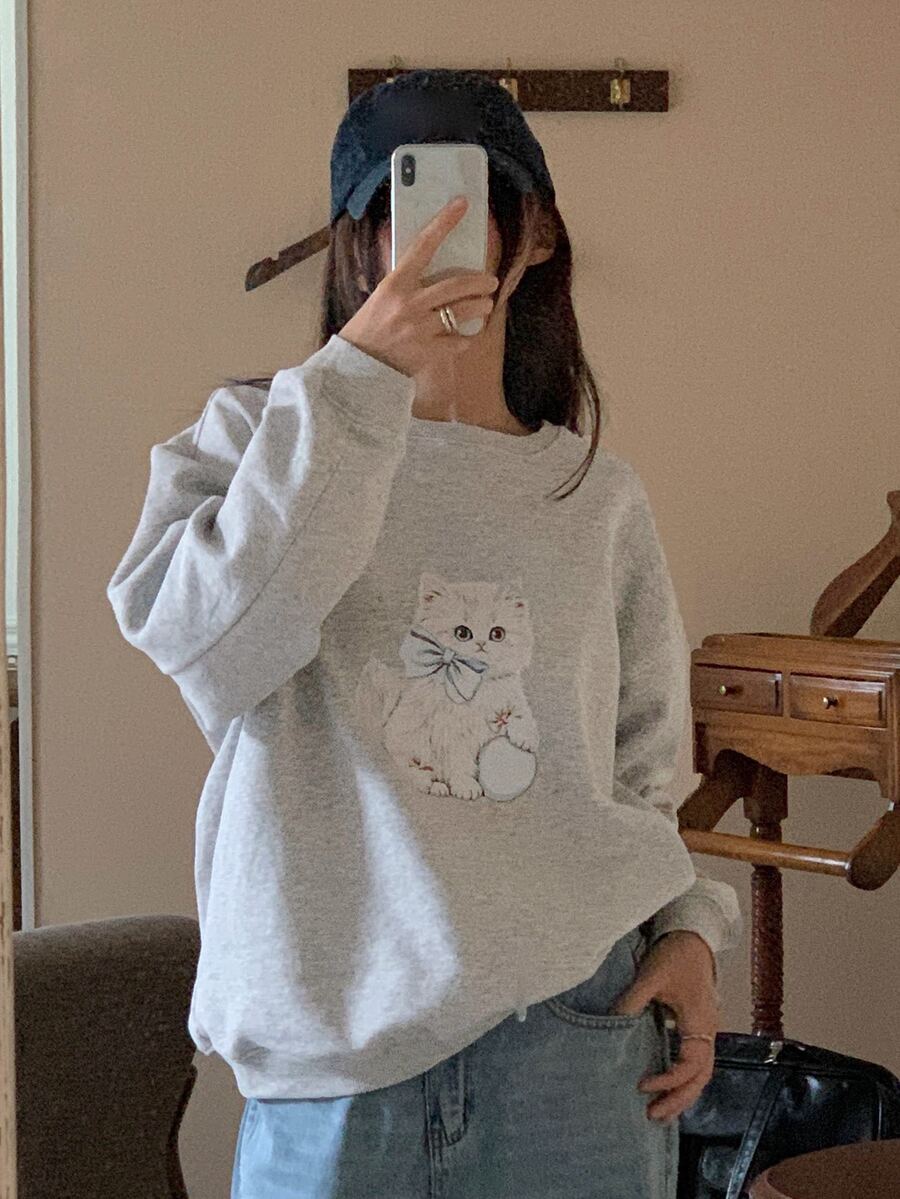DAZY Women's Cute Cartoon Print Long Sleeve Sweatshirt Fall - Grey - View 1