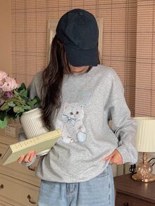 DAZY Women's Cute Cartoon Print Long Sleeve Sweatshirt Fall - Grey - View 8