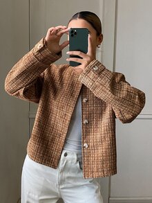DAZY 女款格紋圓領落肩長袖單排扣優雅修身夾克外套 秋季 - 卡其色 - 查看 3