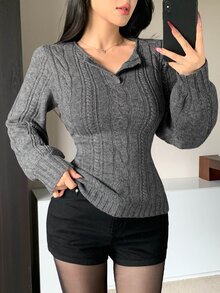 DAZY Sweater Rajut Kabel Kasual Gaya Korea Musim Gugur/Musim Dingin Warna Abu-abu untuk Pernikahan dan Jalanan untuk Wanita - Grey - View 6