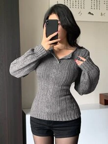 DAZY Sweater Rajut Kabel Kasual Gaya Korea Musim Gugur/Musim Dingin Warna Abu-abu untuk Pernikahan dan Jalanan untuk Wanita - Grey - View 7