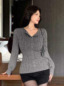 DAZY Sweater Rajut Kabel Kasual Gaya Korea Musim Gugur/Musim Dingin Warna Abu-abu untuk Pernikahan dan Jalanan untuk Wanita - Grey - View 4