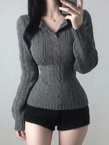 DAZY Sweater Rajut Kabel Kasual Gaya Korea Musim Gugur/Musim Dingin Warna Abu-abu untuk Pernikahan dan Jalanan untuk Wanita - Grey - View 1