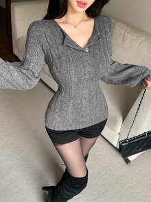 DAZY Sweater Rajut Kabel Kasual Gaya Korea Musim Gugur/Musim Dingin Warna Abu-abu untuk Pernikahan dan Jalanan untuk Wanita - Grey - View 8