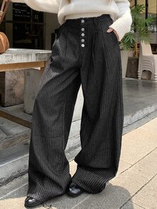 DAZY Women's Button Fly Striped Wide Leg Loose Casual Denim Jeans Fall - Black - View 3
