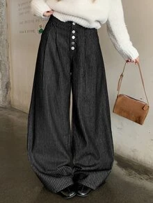 DAZY Women's Button Fly Striped Wide Leg Loose Casual Denim Jeans Fall - Black - View 6