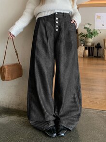DAZY Women's Button Fly Striped Wide Leg Loose Casual Denim Jeans Fall - Black - View 5