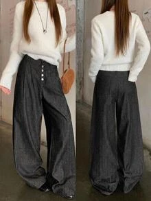 DAZY Women's Button Fly Striped Wide Leg Loose Casual Denim Jeans Fall - Black - View 2