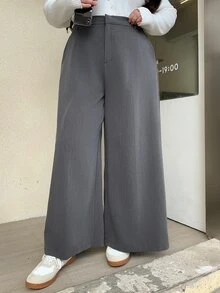Dazy Plus Plus Size Wide-Leg Solid-Color Elegant Versatile Business Casual Trousers, All Season Fall - Grey - View 4