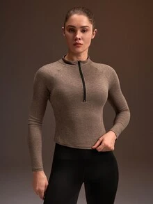 Powerista Women's Brown Black High Neck Long Sleeve Slim Fit Sports Sweatshirt - Brown - View 4