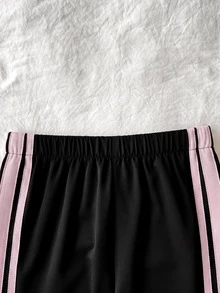 SHEIN 兒童青少年女孩休閒新款秋冬時尚黑粉條紋長袖拉鍊外套與長褲2件套，返校穿搭，秋冬服飾，開襟外套套裝 - 黑色 - 查看 5