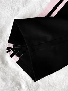 SHEIN 兒童青少年女孩休閒新款秋冬時尚黑粉條紋長袖拉鍊外套與長褲2件套，返校穿搭，秋冬服飾，開襟外套套裝 - 黑色 - 查看 3