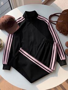 SHEIN 兒童青少年女孩休閒新款秋冬時尚黑粉條紋長袖拉鍊外套與長褲2件套，返校穿搭，秋冬服飾，開襟外套套裝 - 黑色 - 查看 2