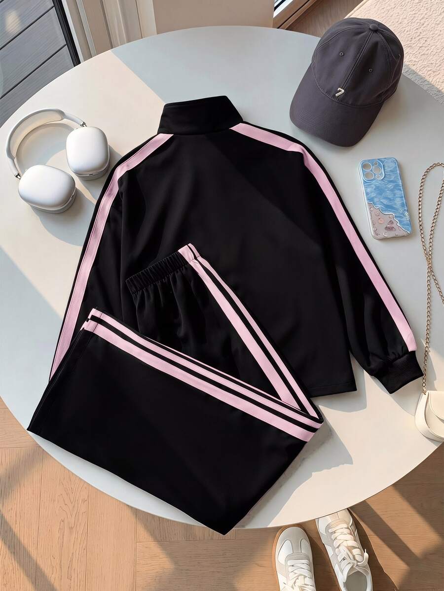 SHEIN 兒童青少年女孩休閒新款秋冬時尚黑粉條紋長袖拉鍊外套與長褲2件套,返校穿搭,秋冬服飾,開襟外套套裝 - 黑色 - 查看 1
