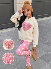 SHEIN 女童愛心圖案運動衫與長褲套裝，3D刺繡愛心設計，圓領短袖上衣，柔軟針織套頭上衣，鬆緊腰長褲，2件套 - 粉色 - 查看 6
