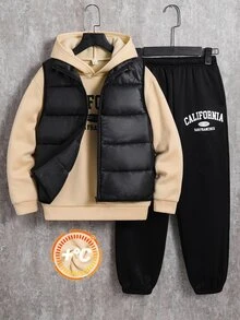 SHEIN 3pcs Buy 2 Get 1 Free Kids Tween Boy Casual Khaki Sweatshirt & Sweatpants Set With Quilted Padded Winter Coat Parka, Suitable For Fall/Winter, School, Winter Outfit - Multicolor - View 3