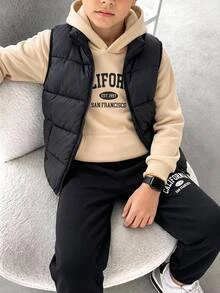 SHEIN 3pcs Buy 2 Get 1 Free Kids Tween Boy Casual Khaki Sweatshirt & Sweatpants Set With Quilted Padded Winter Coat Parka, Suitable For Fall/Winter, School, Winter Outfit - Multicolor - View 1