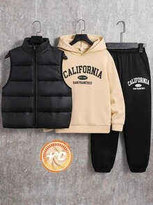 SHEIN 3pcs Buy 2 Get 1 Free Kids Tween Boy Casual Khaki Sweatshirt & Sweatpants Set With Quilted Padded Winter Coat Parka, Suitable For Fall/Winter, School, Winter Outfit - Multicolor - View 2