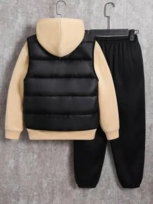SHEIN 3pcs Buy 2 Get 1 Free Kids Tween Boy Casual Khaki Sweatshirt & Sweatpants Set With Quilted Padded Winter Coat Parka, Suitable For Fall/Winter, School, Winter Outfit - Multicolor - View 5