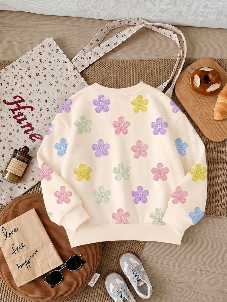 Cream White, Cute Sweet Creamy Floral Pattern, Young Girl Casual Minimalist Thick Soft Comfortable Crew Neck Pullover Sweatshirt Suitable For Autumn/Winter Daily Wear, Fall Vibes, Fashion Winter - Multicolor - View 2