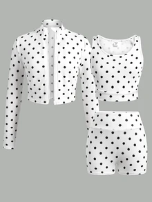SHEIN 青少年女孩黑白波點印花長袖外套、細肩帶背心與單車褲3件套，運動休閒服，街頭穿搭 - 黑與白 - 查看 2