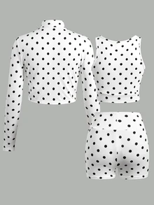 SHEIN 青少年女孩黑白波點印花長袖外套、細肩帶背心與單車褲3件套，運動休閒服，街頭穿搭 - 黑與白 - 查看 4