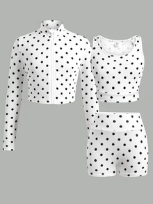 SHEIN 青少年女孩黑白波點印花長袖外套、細肩帶背心與單車褲3件套，運動休閒服，街頭穿搭 - 黑與白 - 查看 3