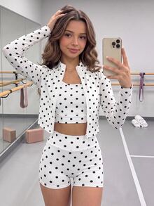 SHEIN 青少年女孩黑白波點印花長袖外套、細肩帶背心與單車褲3件套，運動休閒服，街頭穿搭 - 黑與白 - 查看 12